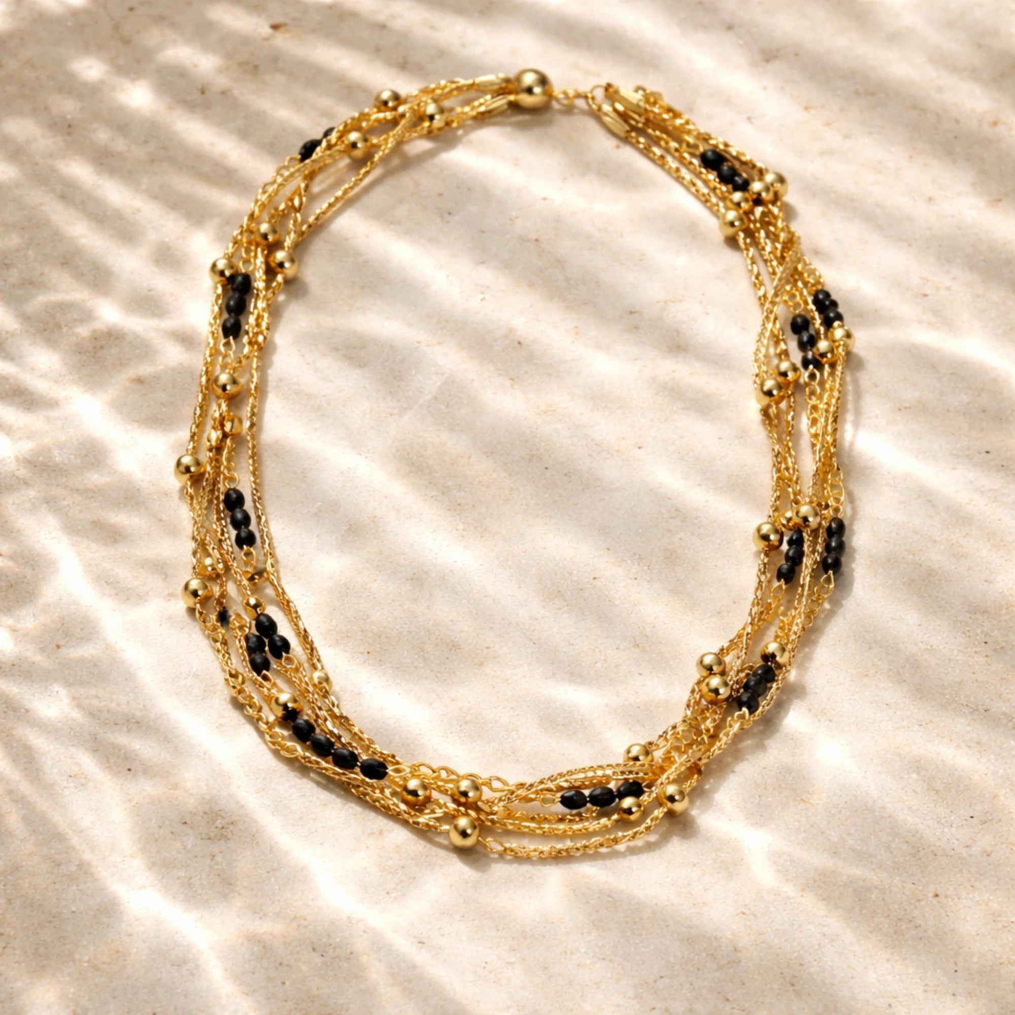 Çoklu zincirli gold renk şık kadın kolye