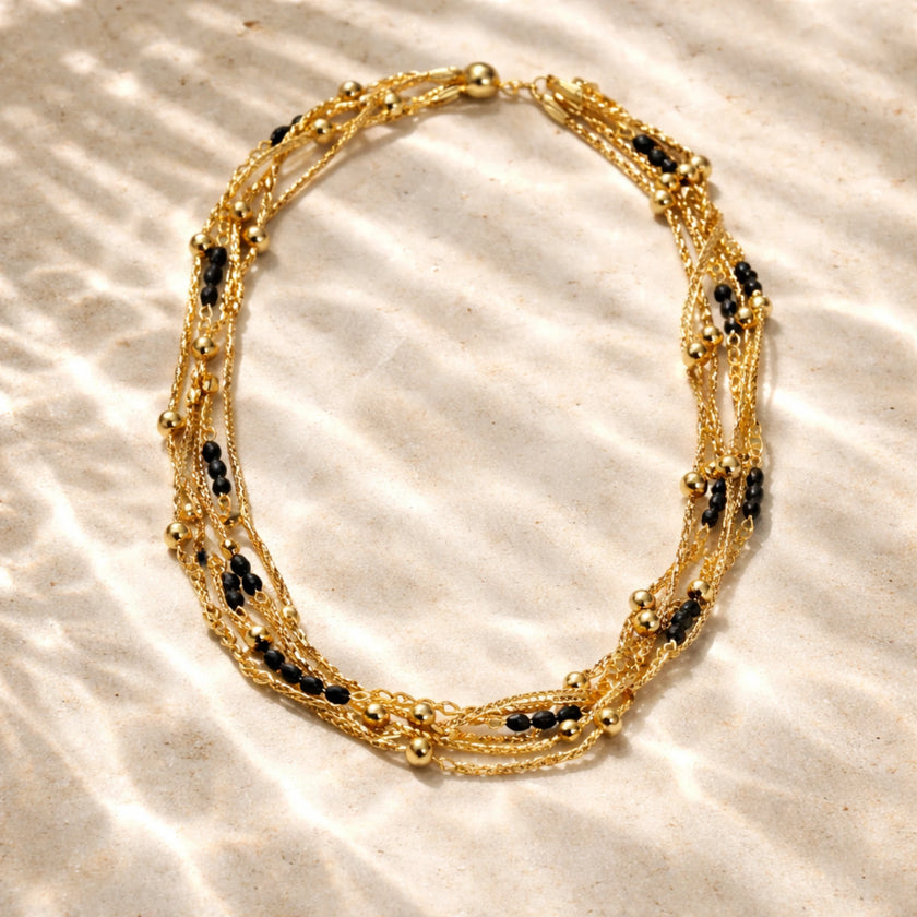 Çoklu zincirli gold renk şık kadın kolye