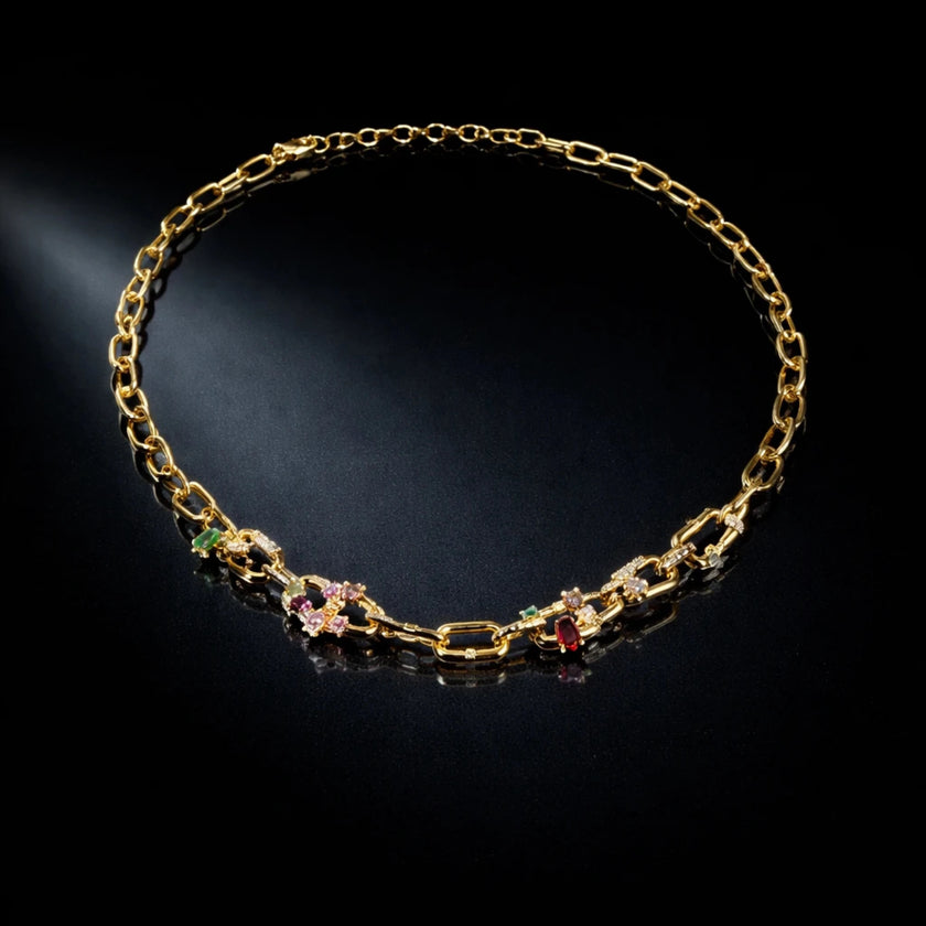 Alya Jewelry renkli taş detaylı gold zincir kolye