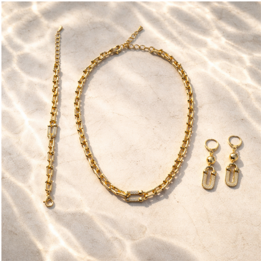 Zirkon taş detaylı modern gold kadın takı seti
