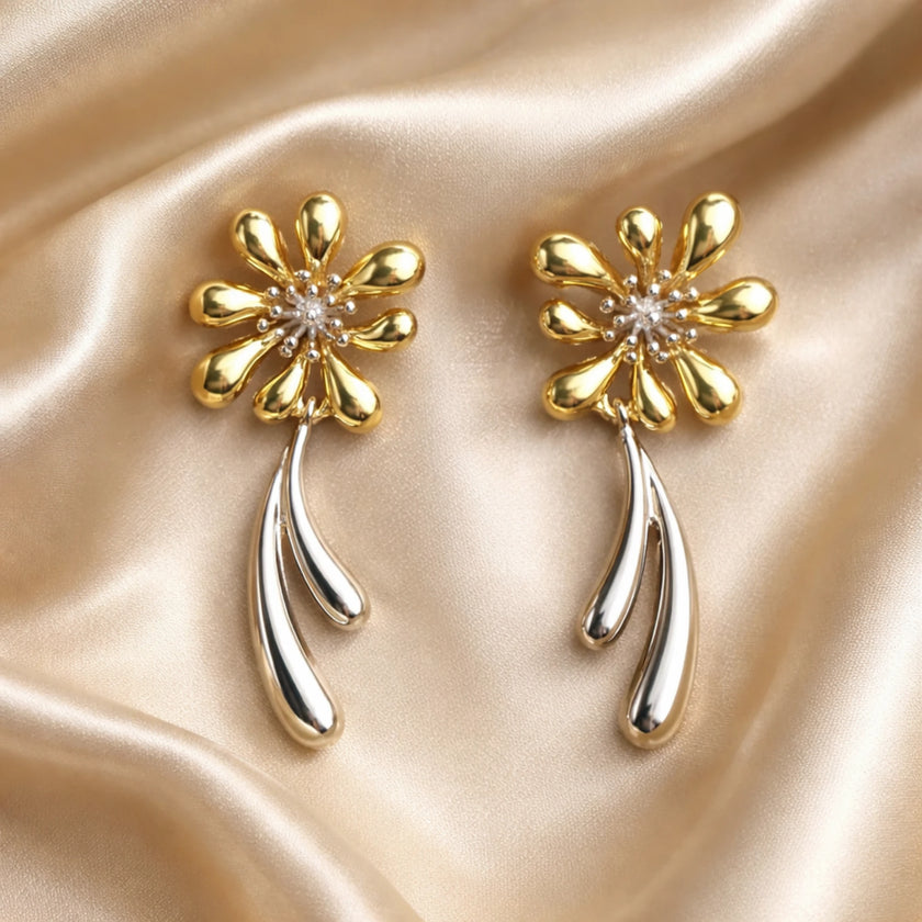 Gold çiçek detaylı gümüş sarkıt kadın küpe